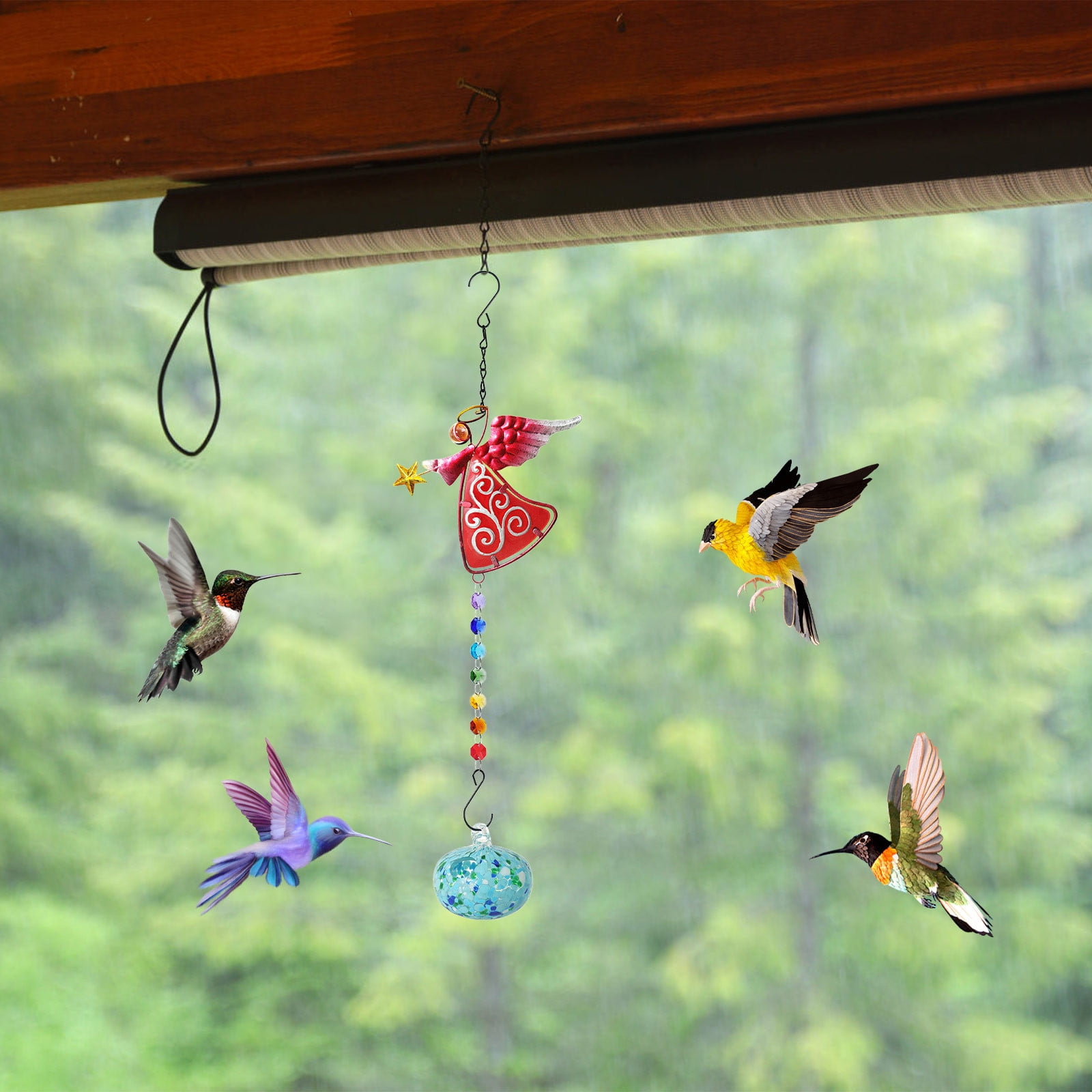 Fufafayo 4Pcs Hummingbird Feeder Wind Chime, Painted Bird Feeder for Outdoors, Sunlight Refractor Garden Decor, Hanging Pendant for Patio Yard Garden