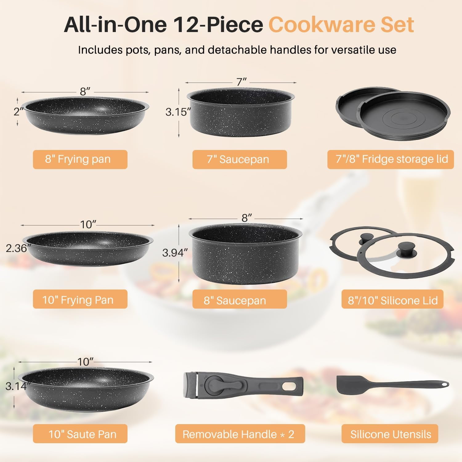 Aidoly Pots and Pans, 12 Pcs Nonstick Kitchen Cookware Sets with Removable Handle, Stackable, Black