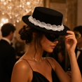 thumbnail image 5 of Vintage Halloween Style Flat Top Wide Brim Hat With Elegant Lace Trim, Soft Felt Fashion Hat, Chic Headwear Accessory For Dinner Party, Photoshoot, Holiday Gathering And Formal Occasions Black, 5 of 8