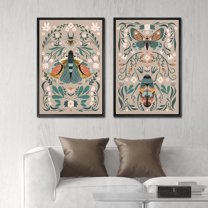 IDEA4WALL Framed Canvas Print Wall Art Set Butterfly Insect Flower Vintage Art Symmetrical Pattern Illustration Decorative Bohemian Colorful Chic Artwork for Home Decor - 24"x36"x2 Black