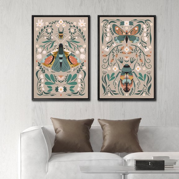 IDEA4WALL Framed Canvas Print Wall Art Set Butterfly Insect Flower Vintage Art Symmetrical Pattern Illustration Decorative Bohemian Colorful Chic Artwork for Home Decor - 24"x36"x2 Black