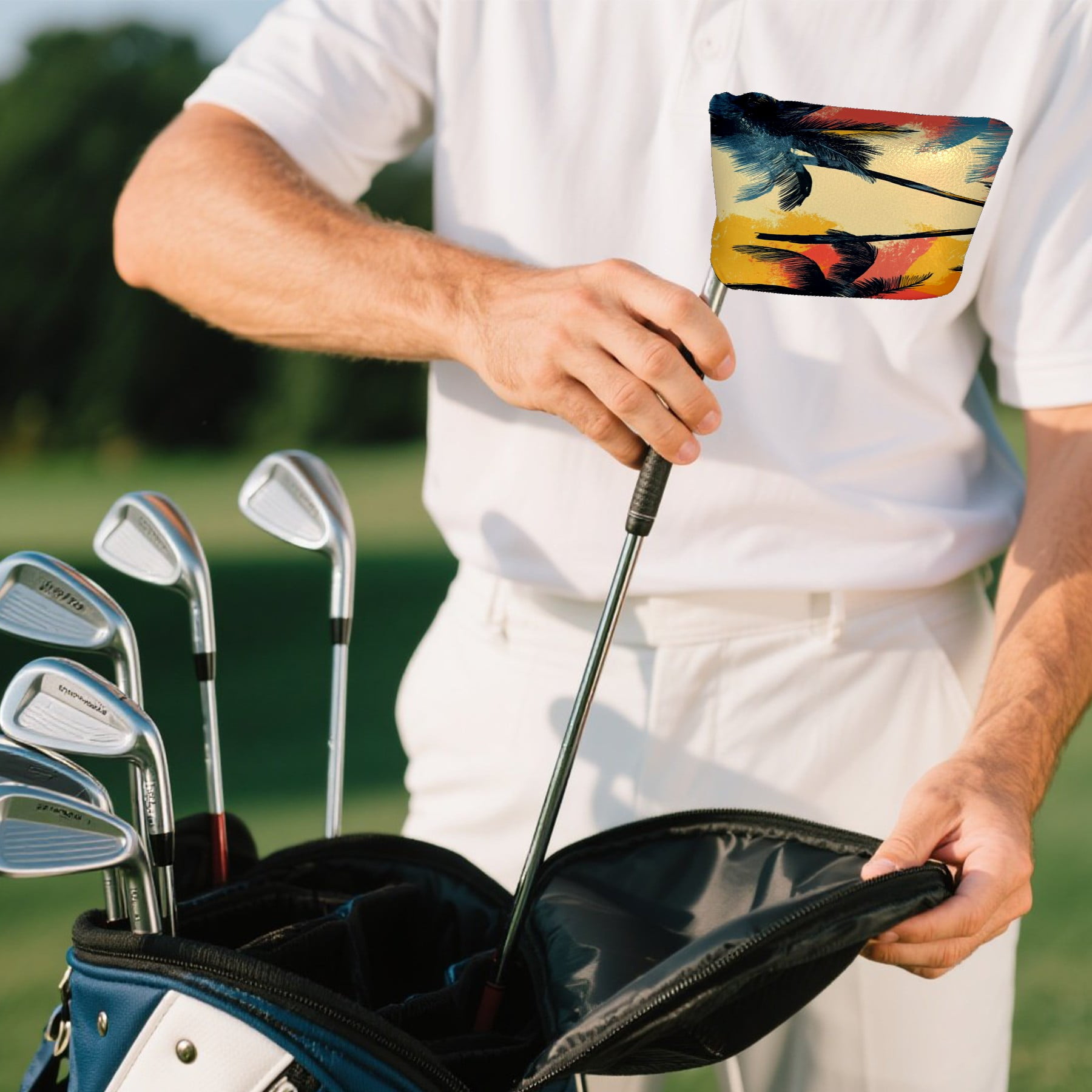 Golf Mallet Putter Cover Premium Leather Golf Putter Head Cover with Magnetic Closure, Golf Cover for Men and Women Coconut Tree Pattern