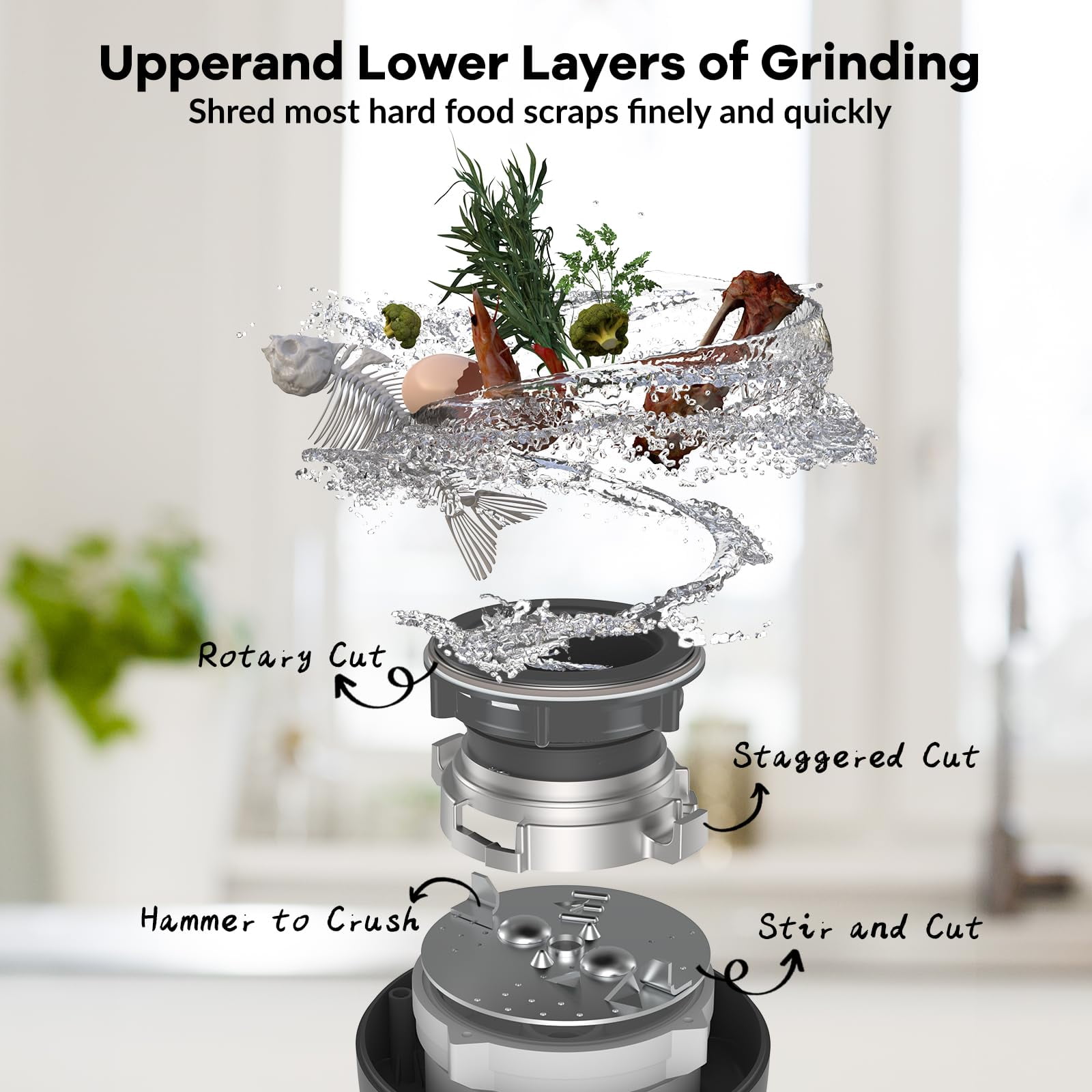Garbage Disposal, Food Garbage Disposal with Power Cord, Stainless Steel Grinding System, Continuous Feed Compact Garbage Disposals (1/2 HP (Gray))