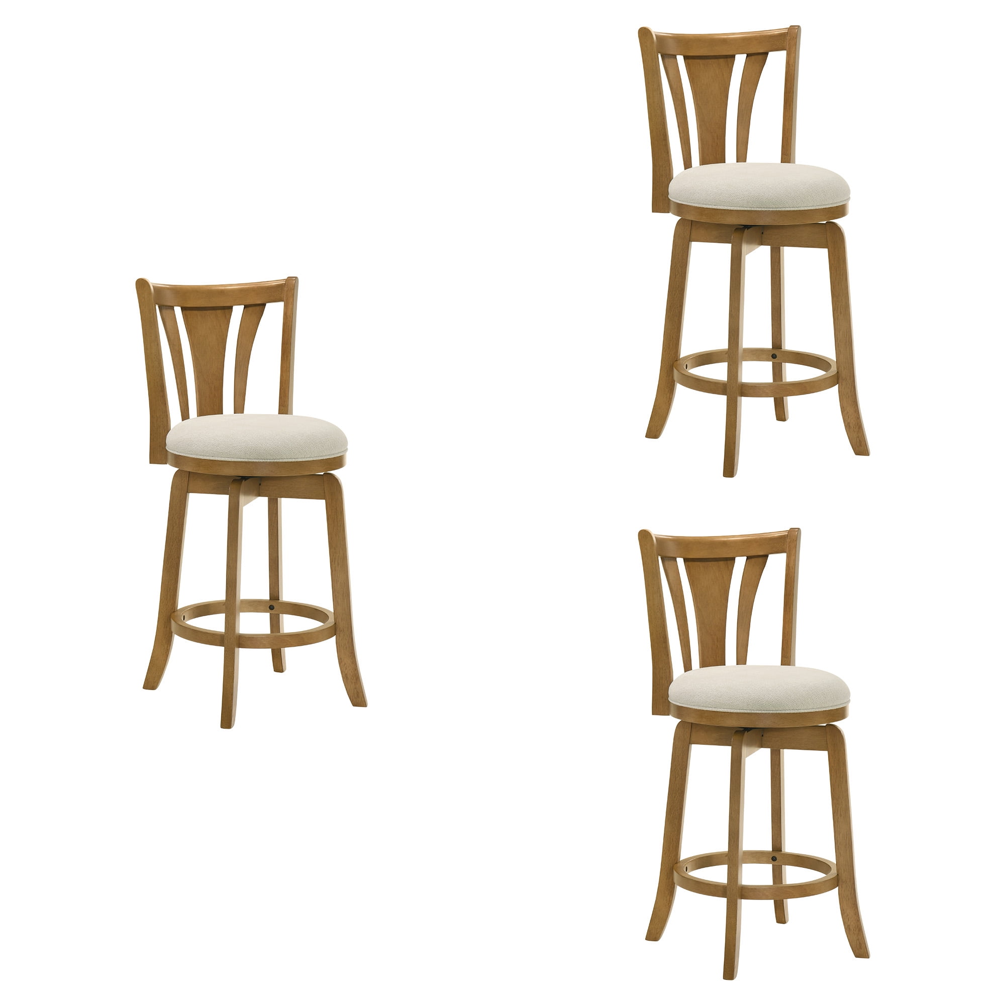 Elle 30 in. Amber Glow Bar Height Rubberwood Swivel Barstool with Ivory Fabric Seat - Set of 3