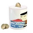 thumbnail image 2 of Kabuki Piggy Bank, Performer Portrait with Japanese Waves and Mount Hill Illustration, Ceramic Coin Bank Money Box for Cash Saving, 3.6" X 3.2", Multicolor, by Ambesonne, 2 of 4