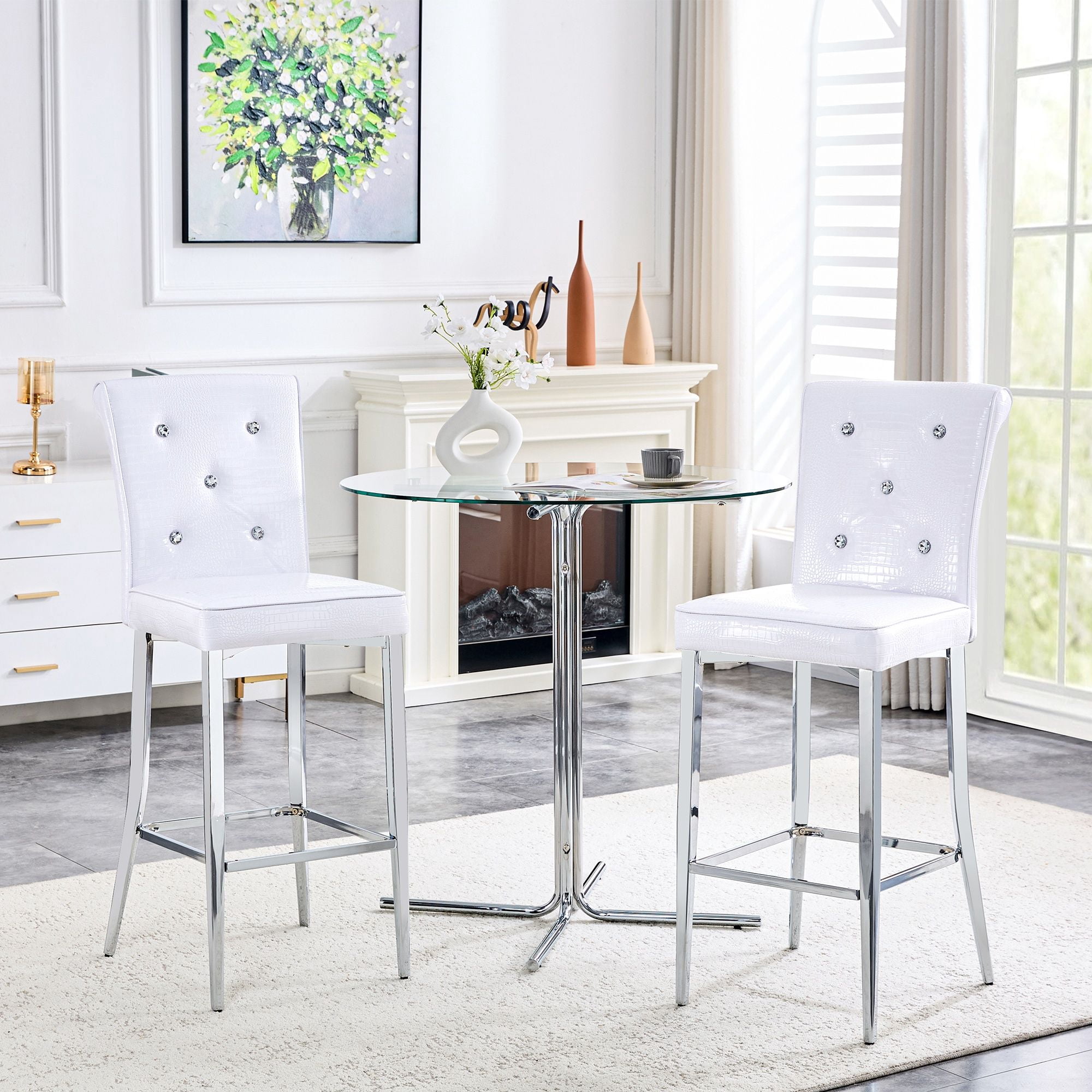 Alvantor Set of 2 White Crocodile Faux Leather Bar Chairs with Crystal Accents