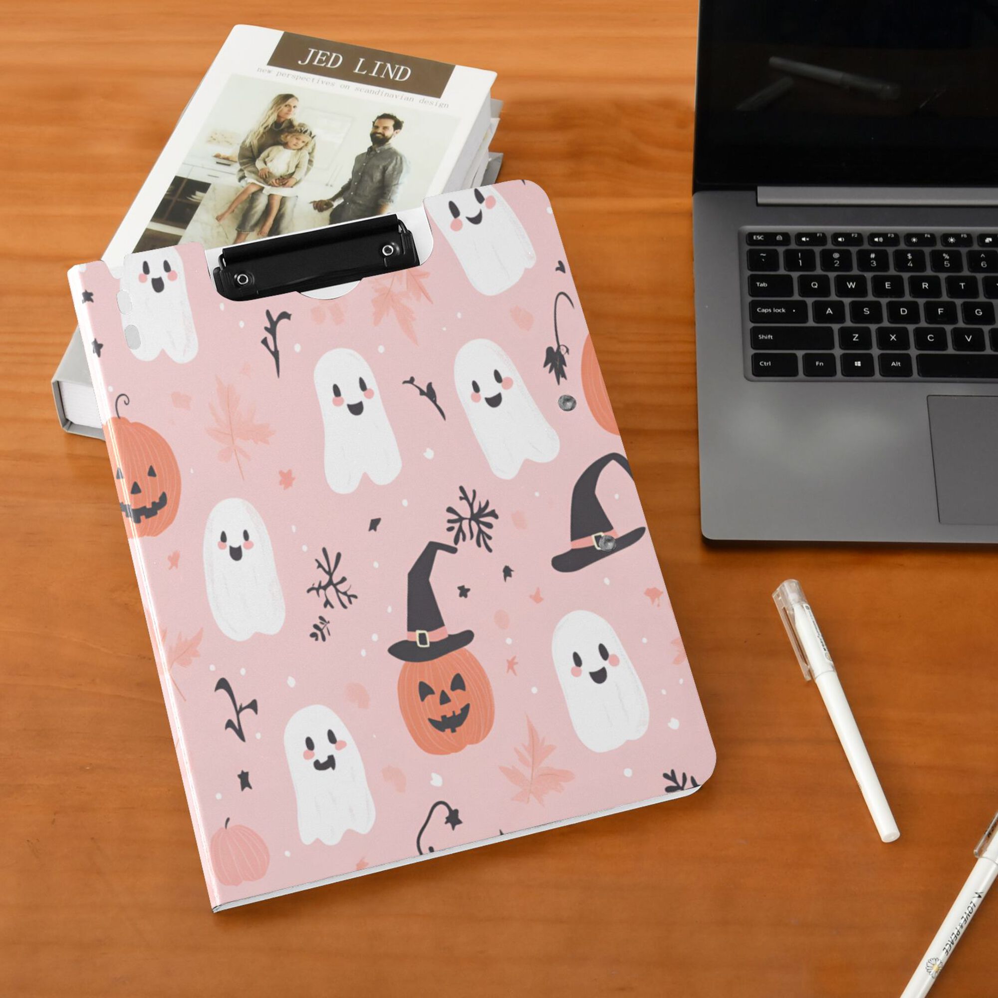 FORMRS A4 Clipboard Folder with Pen Holder Horizontal Foldable School Office Binder, Pink Halloween Ghosts