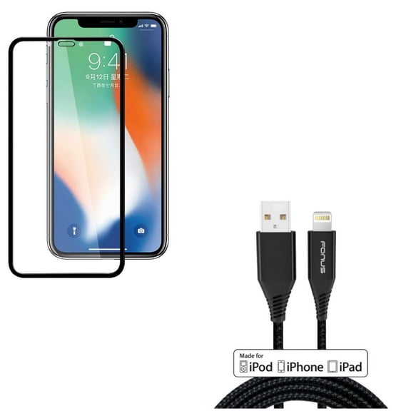 Screen Protector w 6ft MFi USB Cable for iPhone XR - Anti-Glare Tempered Glass Matte 3D, Certified Charger Cord Power Wire