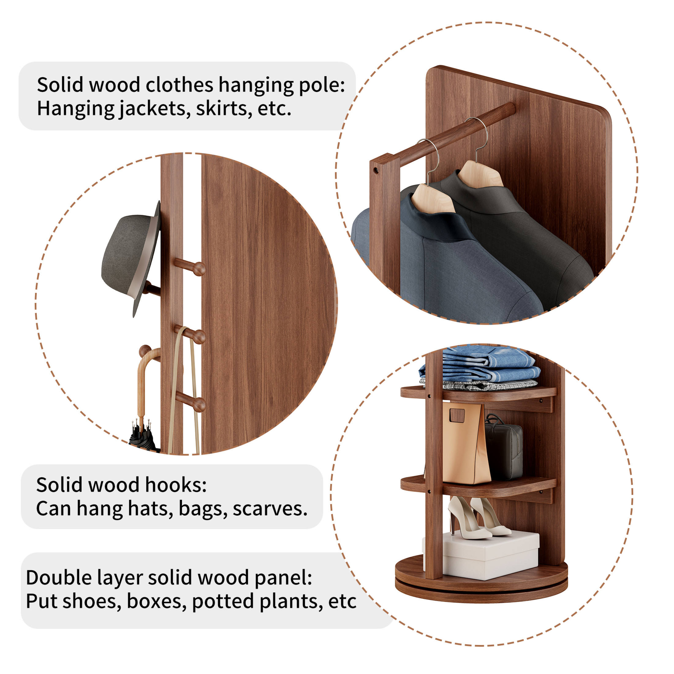 Noble House Gunther 360° Rotating Full-Length Mirror Coat Rack, Solid Rubberwood, for Small Space, Large, Walnut