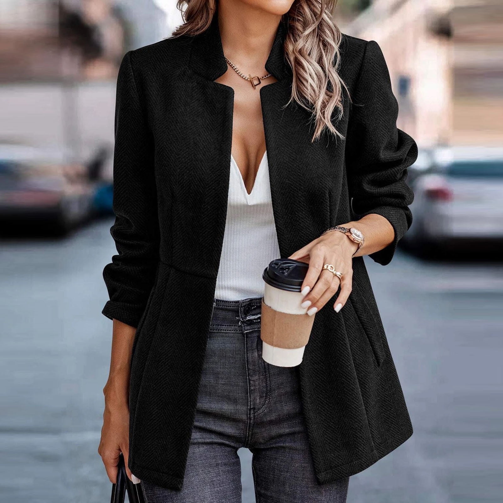 XFLWAM Womens Casual Blazers Open Front Long Sleeve Pad Shoulder Blazer  Work Office Pockets Jackets Hot Pink S 