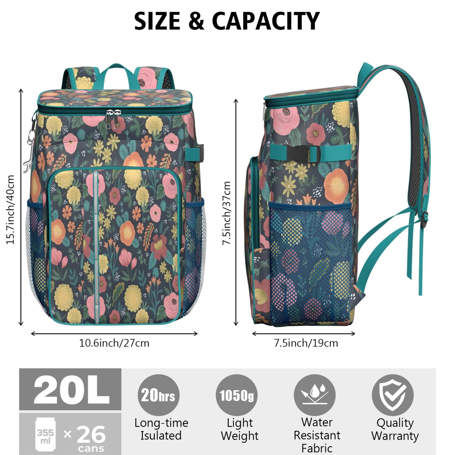 Travel Cooler Bag - Pioneer Flower Floral Print Pattern Camping Beer Cooler Backpack with Bottle Opener- Waterproof Insulated Picnic Backpacks - Cooler Bag for Beach