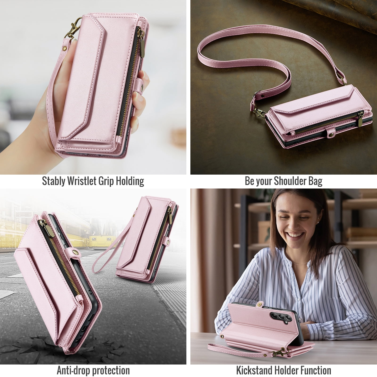 Asuwish Compatible with Samsung Galaxy A14/M14 5G Zipper Wallet Phone Case Tempered Glass Screen Protector Crossbody Lanyard Strap Flip Card Holder Slot Cell Cover for A 14 4G 14A 14M Women Rose Gold