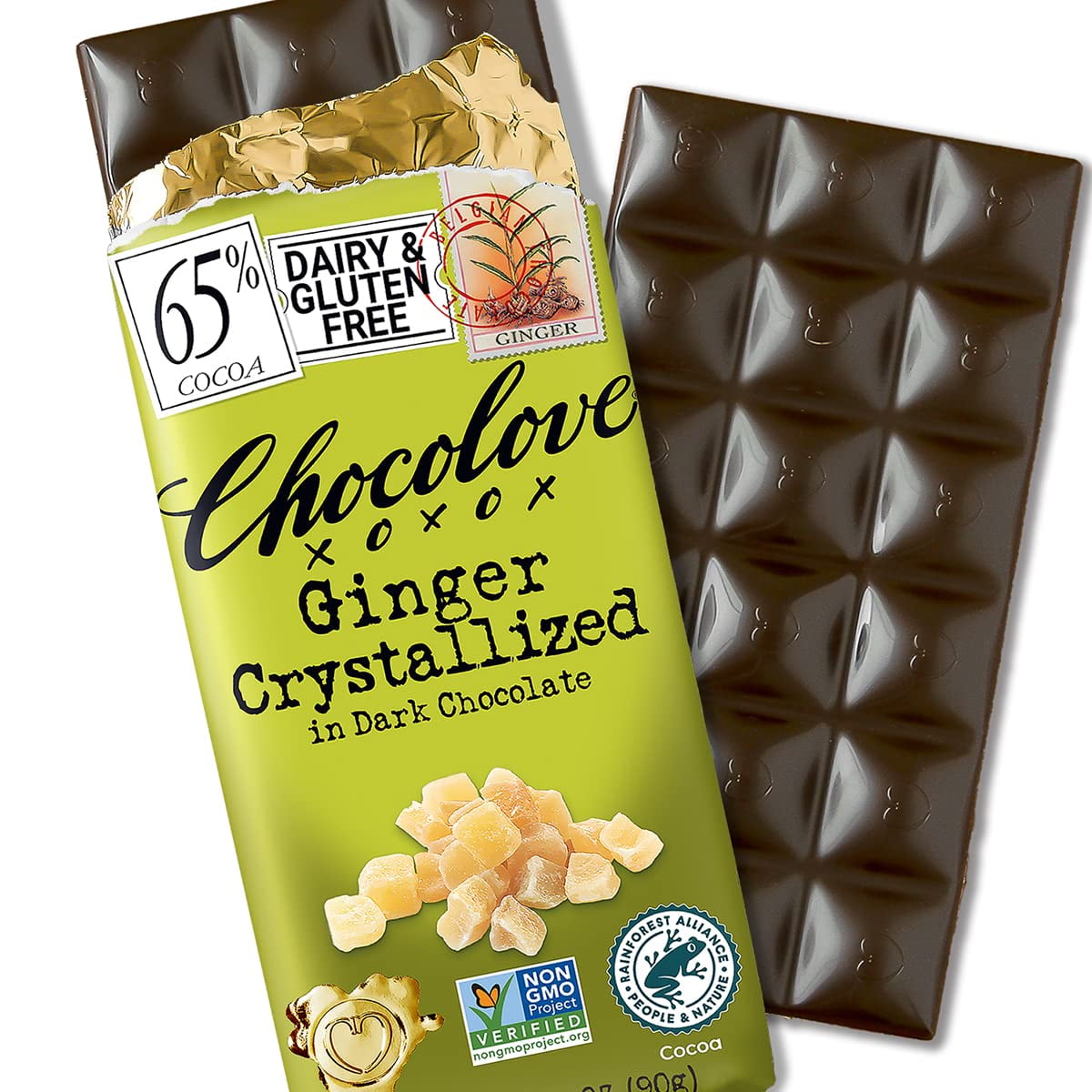 Chocolove Chocolate Bar, Ginger Crystallized in Dark Chocolate, 3.2 Ounce (Pack of 12)
