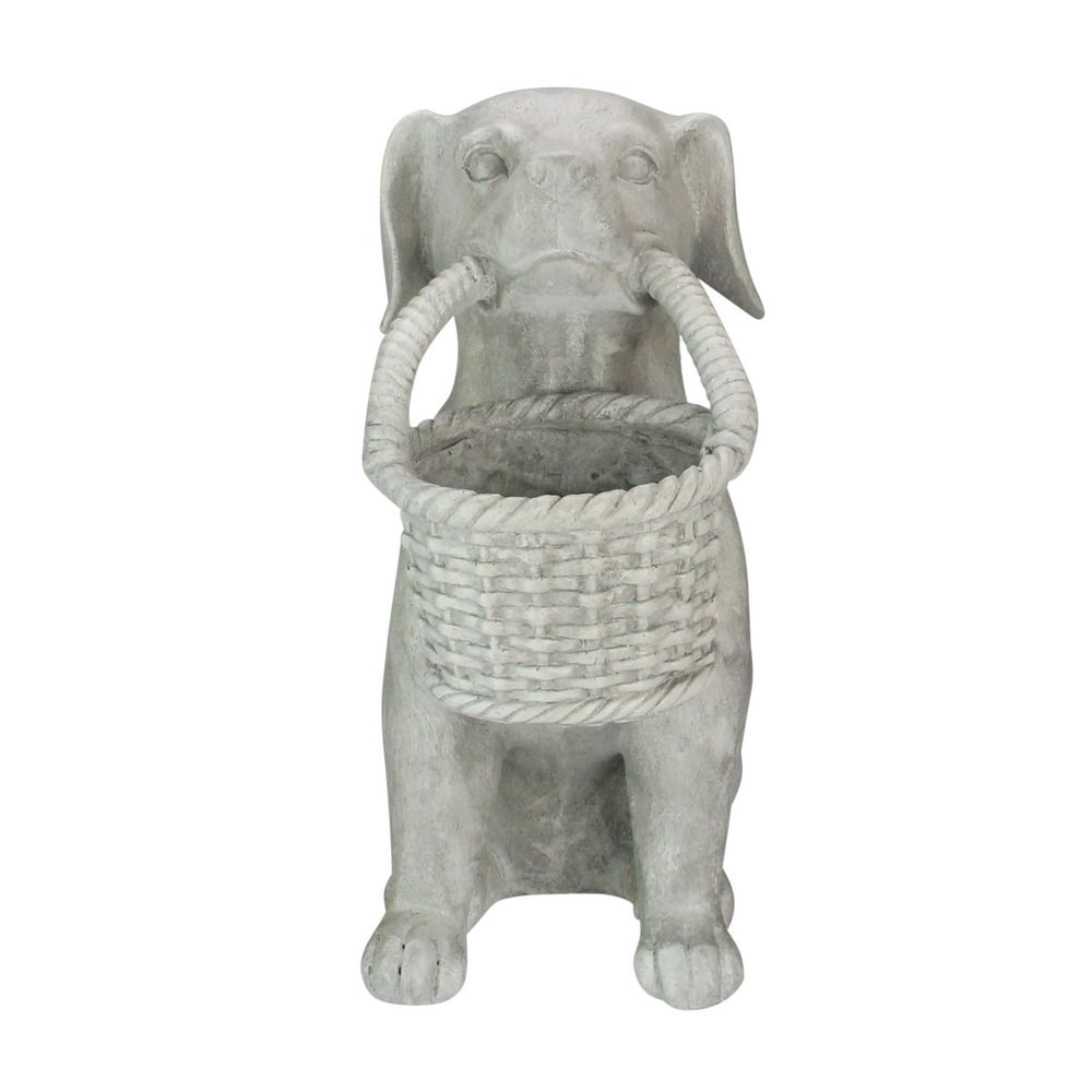 14" Gray Dog with Basket Outdoor Garden Planter Statue