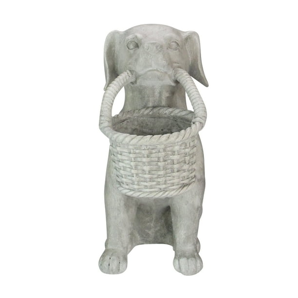 14" Gray Dog with Basket Outdoor Garden Planter Statue