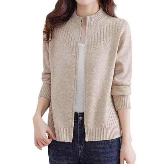 Ediodpoh Womens Cardigan Sweaters Knit Sweater Coat Short Zip up Semi High Neck Loose Fit Pure Color Soft Yarn Outerwear Khaki