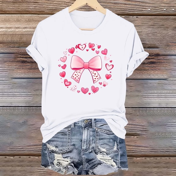 PNTUTB Valentine's Day Women's Print Fashion Versatile Casual Short Sleeve Crew Neck Loose Comfort T Shirts