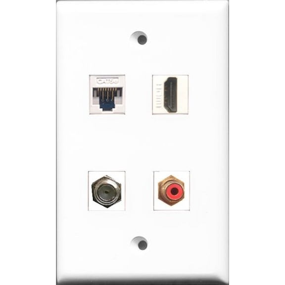 RiteAV - 1 Port HDMI and 1 Port RCA Red and 1 Port Coax Cable TV- F-Type and 1 Port Cat5e Ethernet White Wall Plate