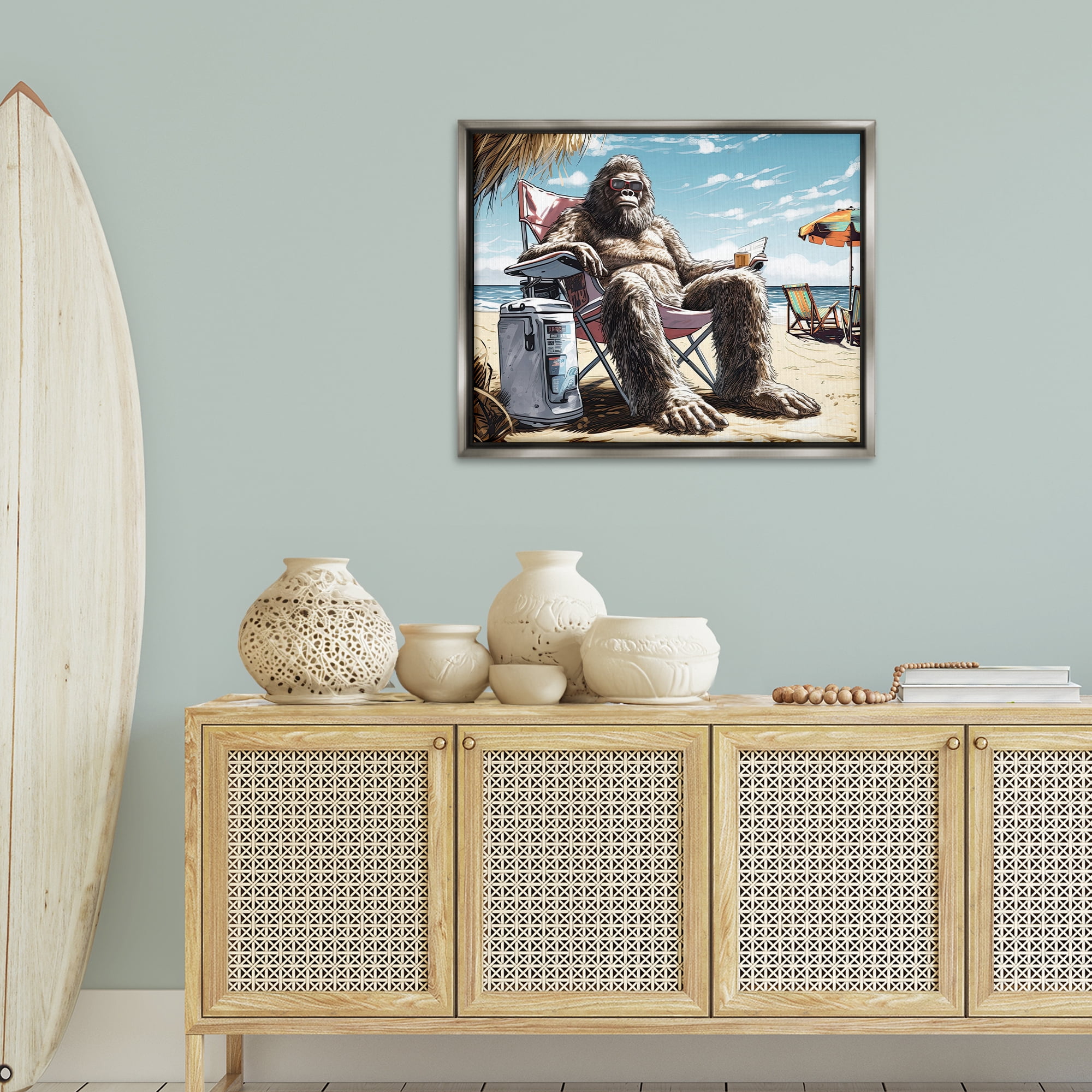 Stupell Industries Big Monster on Beach Fairy Tales & Fantasy Painting Gray Floater Framed Canvas Art Print Wall Art, 31 x 25