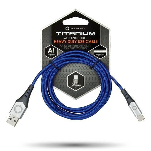 *Celltronix Titanium 6FT Fast Charging Tangle Free Heavy Duty USB to Type-C Cable. Built to Last! Includes Sync Charge & Aluminum Tips for Optimum Connectivity - Blue