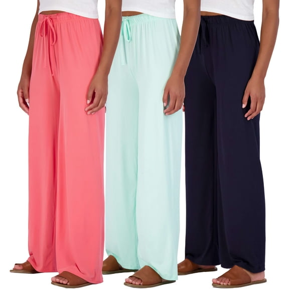 Real Essentials 3 Pack Soft Palazzo Pajama Pants for Women, Wide Leg Comfortable Casual Lounge Yoga Bottoms (Plus Size)