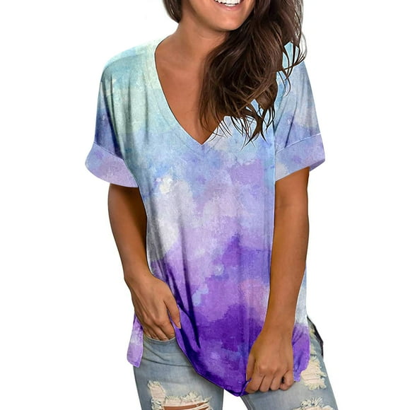 Cathalem T-Shirts à Blocs de Couleur pour Femmes, Mode, Côtelés, Ajustés, d'Été, Basiques, Bordure Laitue, Hauts pour Sortir, Violet G