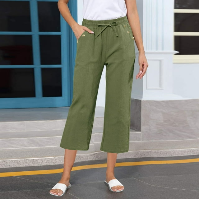 Tnhcen Women's Spring Autumn Drawstring Cotton Linen Capri Pants - Relaxed Fit Basic Solid Color Trousers with Elastic Waist Pockets & Easy Care S-3XL
