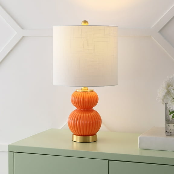 JONATHAN Y Daphne 20" Contemporary Transitional Metal/Glass Ribbed Gourd LED Table Lamp, Orange/Brass Gold, JYL1099E