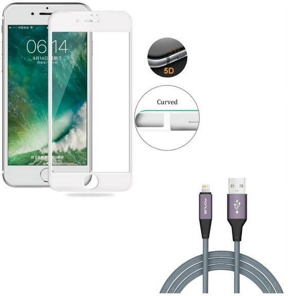 iPhone 7/8 PLUS Screen Protector w 6ft USB Cable - Tempered Glass 5D Touch Curved Edge Full Cover, Charger Cord Power Wire Braided for iPhone 8 PLUS/7 Plus