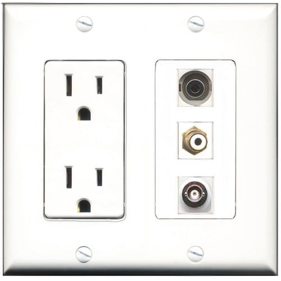 RiteAV - 15 Amp Power Outlet 1 Port RCA White 1 Port 3.5mm 1 Port BNC Decorative Wall Plate