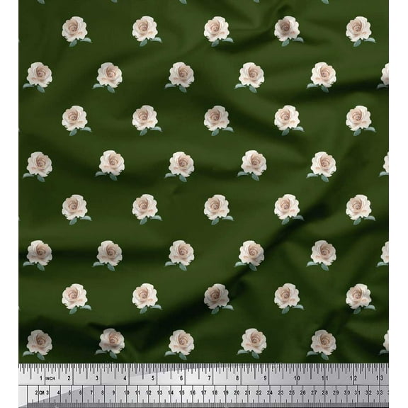 Soimoi Green Silk Fabric Rose Floral Decor Fabric Printed Yard 44 Inch Wide