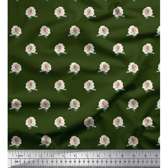 Soimoi Green polyester Crepe Fabric Rose Floral Decor Fabric Printed By the Yard 52 Inch Wide