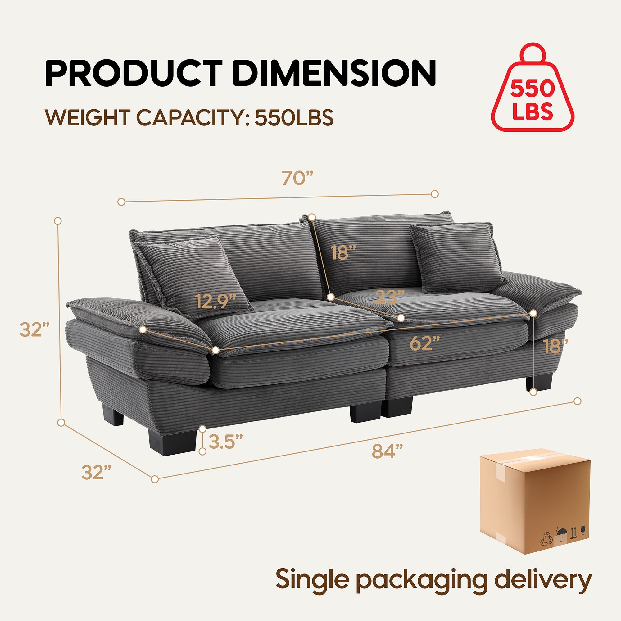 84" Comfy Corduroy Sofa 2-Seater Deep Seating Loveseat with Pillows for Small Spaces