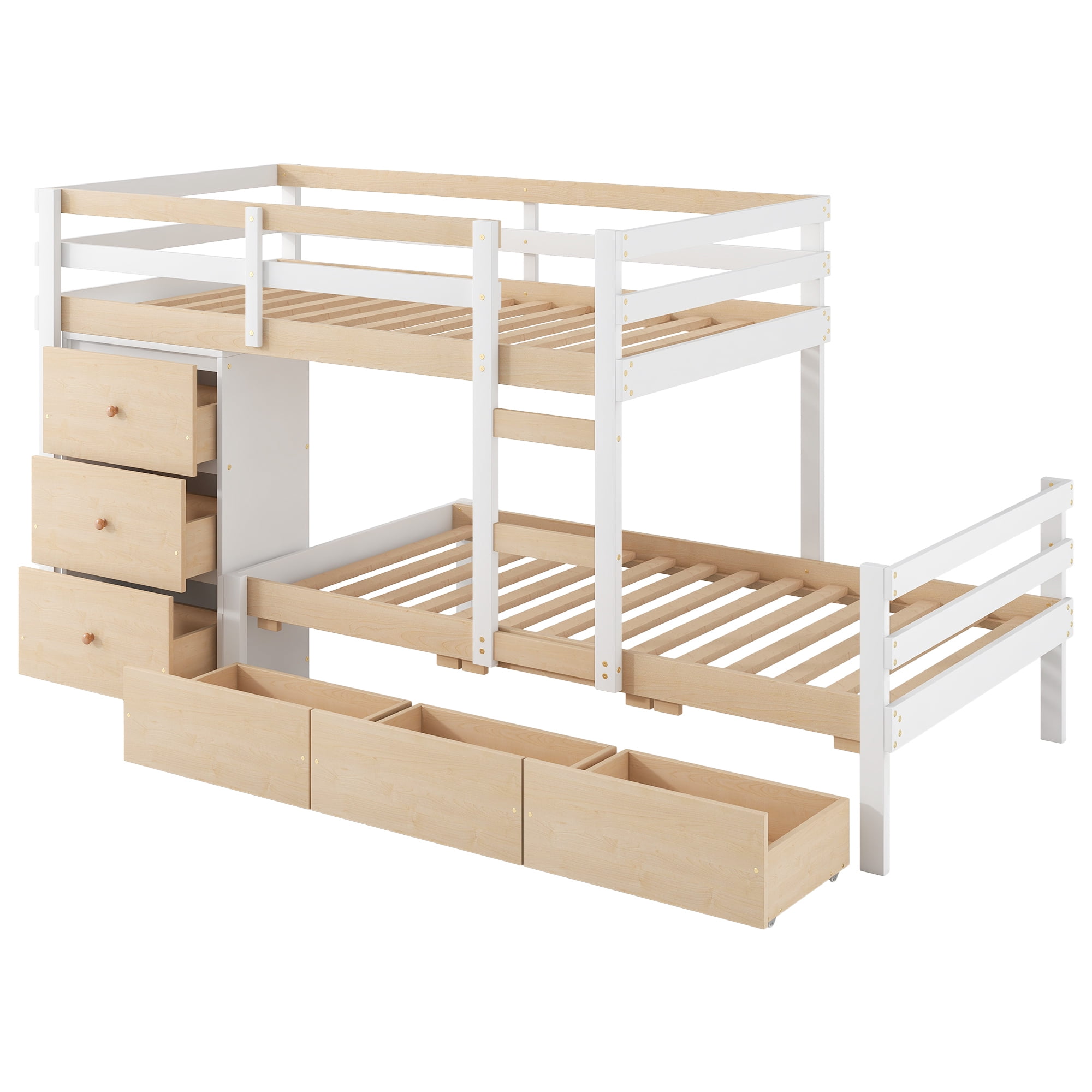 Euroco Wood Twin over Twin Bunk Bed with 6 Drawers, Natural