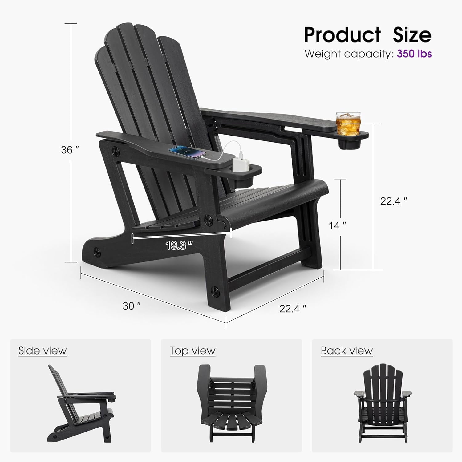 PURPLE LEAF Adirondack Chair HDPE All-Weather Outdoor Fire Pit Chair with 24.6" Oversized Seat Wood-Textured Patio Adirondack Chair with Dual Cup Holders for Garden Deck Backyard, Black