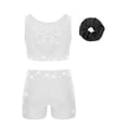thumbnail image 2 of Hansber Kids Girls Cheerleading Outfits 3Pcs Rhinestones Dance Crop Top and Gymnastics Shorts Set with Hair Band White 10, 2 of 5