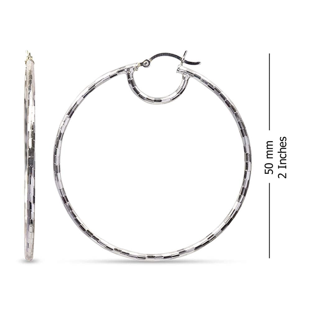 LeCalla 925 Sterling Silver Light-Weight Diamond-Cut Italian Design Click Top Big Hoop Earrings for Women and Teen 50MM