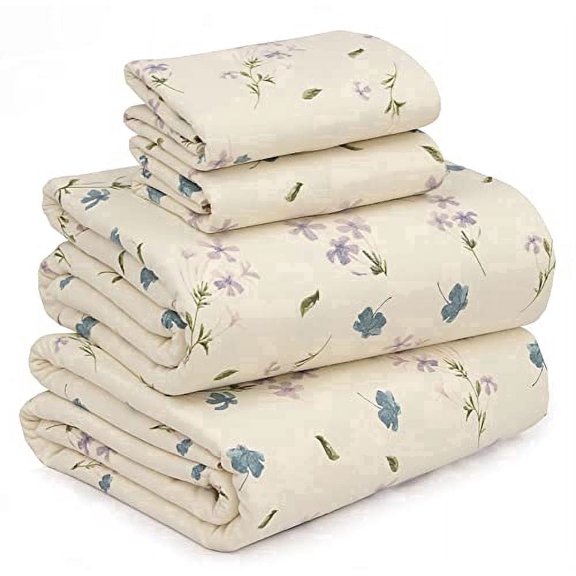 RUVANTI Flannel Sheets King Size - 100% Cotton Brushed King Size Sheets Set - Deep Pockets 16 Inches Bed Sheets - All Seasons Breathable & Extra Soft - Warm & Cozy, 4 Piece, Jasmine Stamp Cream