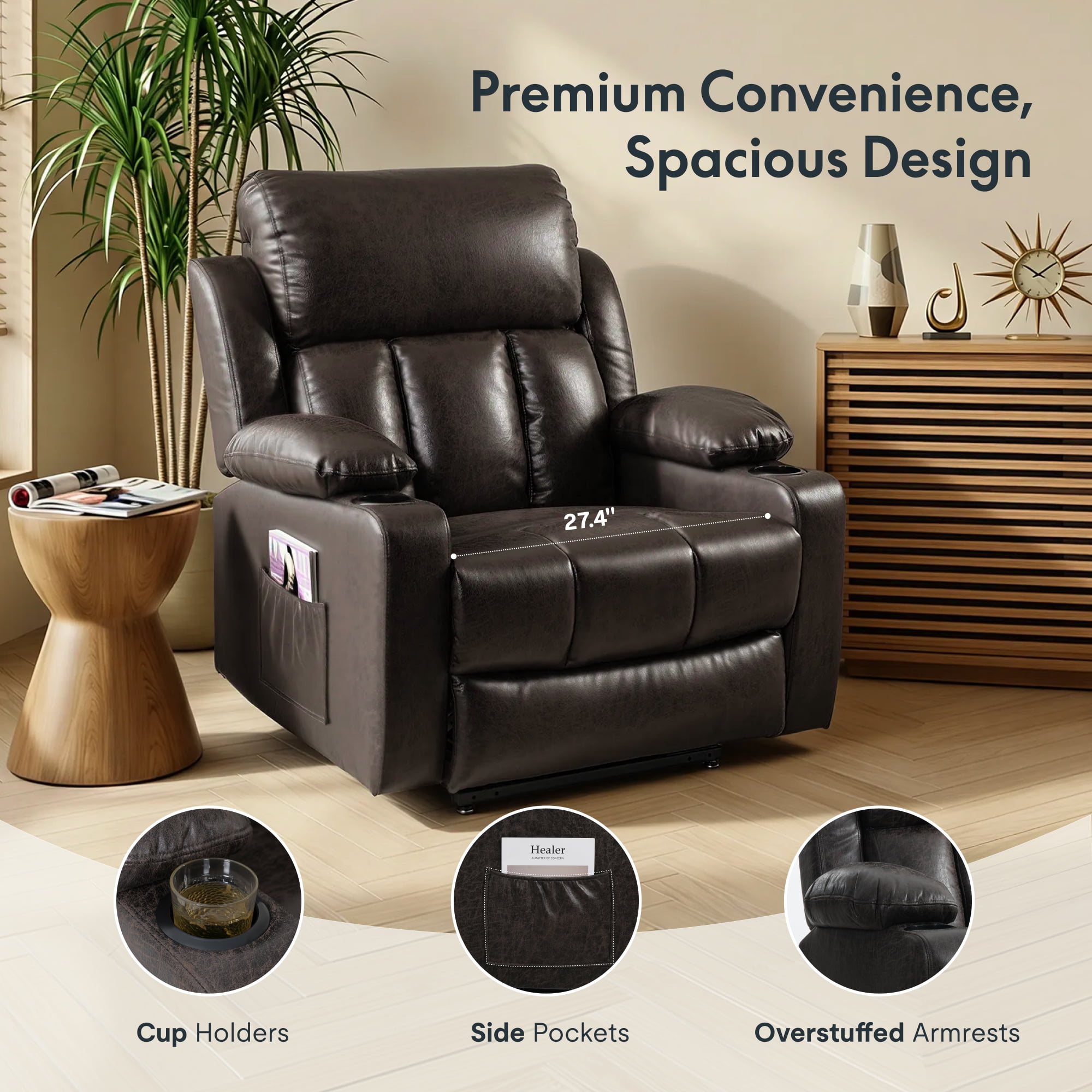 FLEXISPOT Power Lift Recliner Chair with Massage & Heat, Dual Motor Electric Lift Chair, Wide Seat Faux Leather Reclining Chair for Elderly, Soft Upholstered, Infinite Position, Living Room, L Size