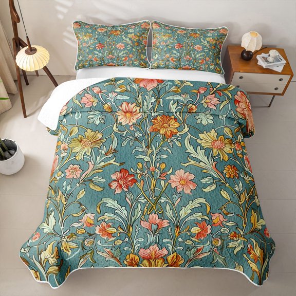 Erosebridal Teal Victorian Floral Twin Quilt Set for Women Girls, Mandala Leaf Print Twin Coverlet Set, 2 Pieces