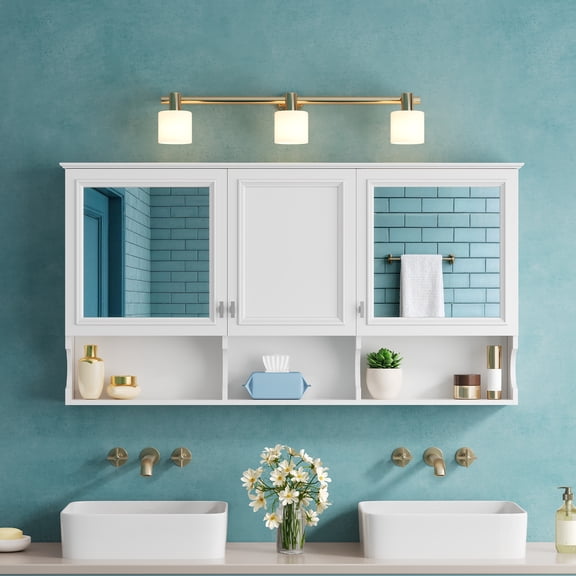 55 Inch Mirror Medicine Cabinet with Open Shelves Wall Mounted Home Storage with Doors & Mirror Adjustable Shelf Bathroom Storage Cabinet over Toil...