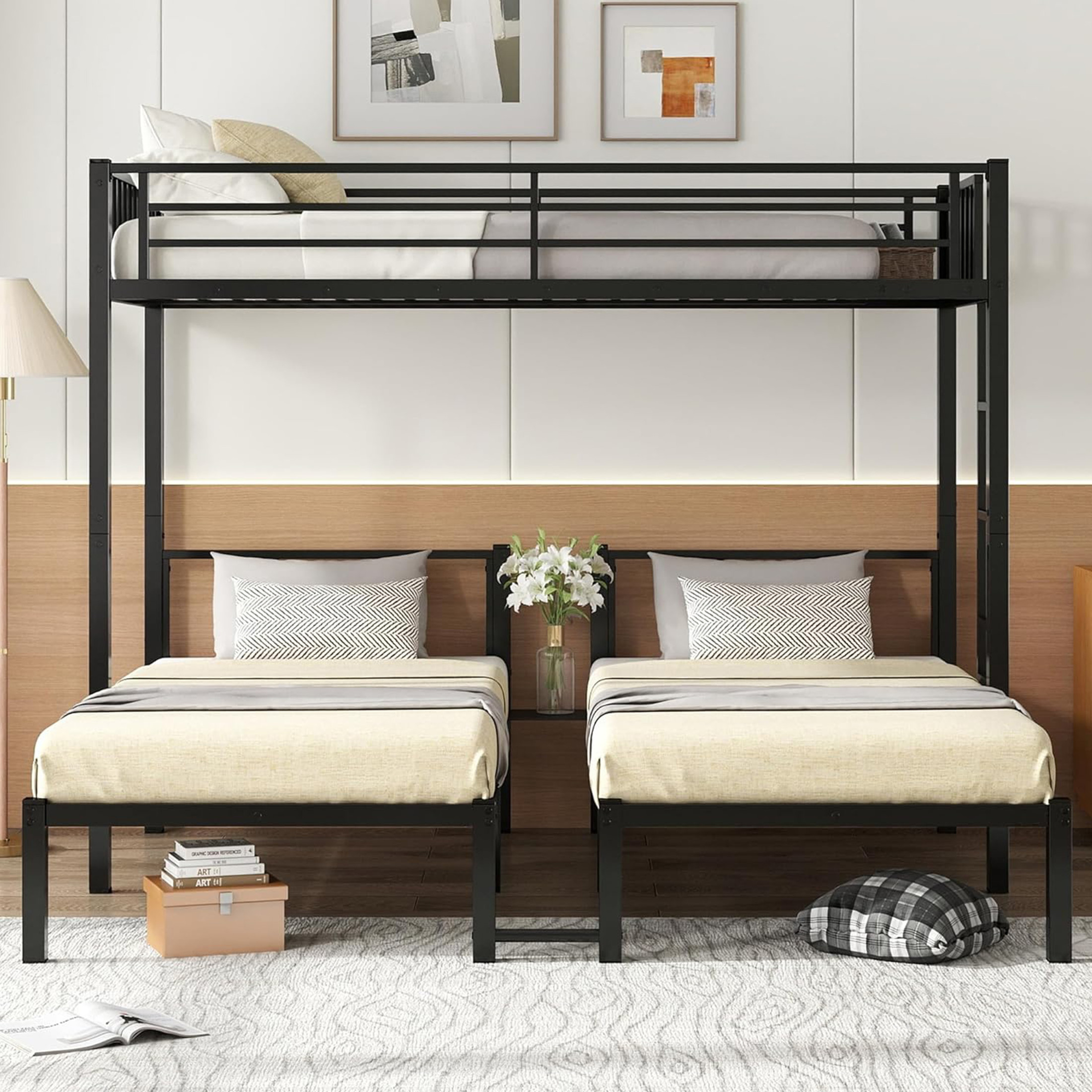 Noble House Triple Bunk Bed for Kids, Metal Twin over Twin over Twin, Convertible Twin Beds, Noise-Reduced, Black