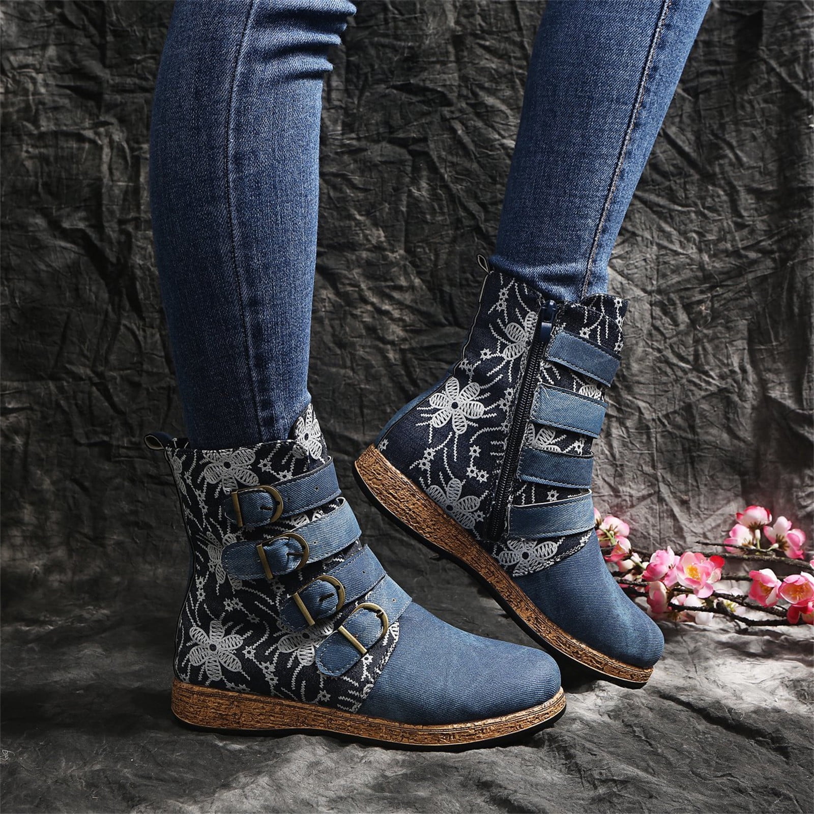 YOTAMI Men's Shoe Vintage Red Boots Large Printed European And American Style Leather Boots Autumn Blue 5-5.5