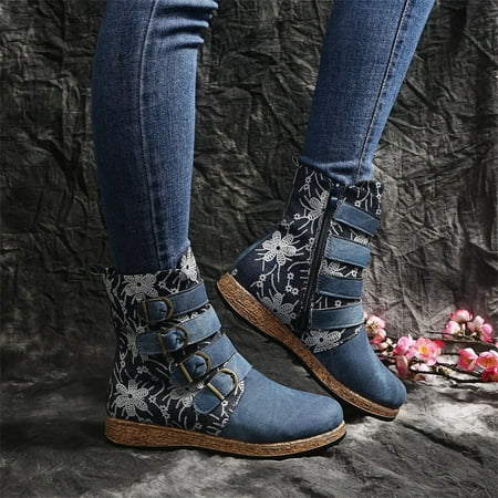 

FITORON Womens Mid Calf Boots- Vintage Red Boots Large Printed European and American Style Leather Boots Blue 43
