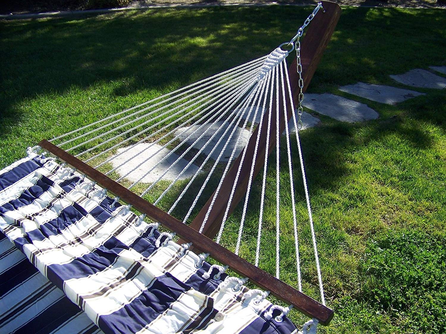 Petra Leisure 14 Ft. Coffee Stain Wooden Arc Hammock Stand + Deluxe Quilted Elegant Blue Stripe, Double Padded Hammock Bed w/Pillow. 2 Person Bed. 450 LB Capacity&nbsp;