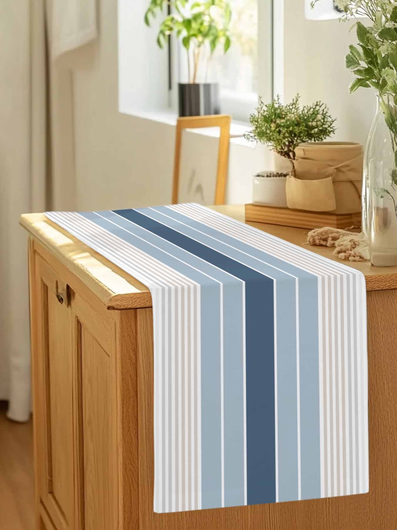 Blue Stripes Abstract Geometric Table Runner 90 Inches Long, Minimalist Style Table Runners Tabletop Scarf Kitchen Dining Tables Decoration for Home Party Indoor Outdoor