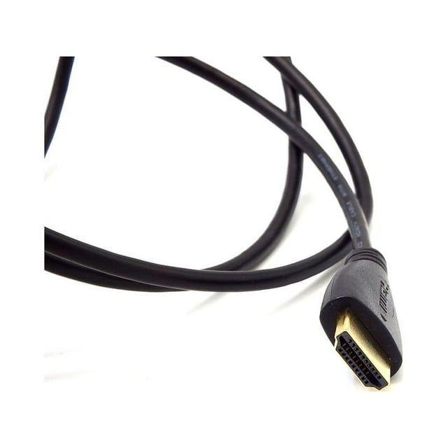 EGNMCR 1M 4K HD HDMI Cable Ultra High Speed HDMI v1.4 Cable with Ethernet and Audio Return Channel. The cable features a 1-meter length, 24K gold-plated flat plug, and 99.99% high 4N oxygen-free copper conductor for optimal signal transmission. It supports resolutions up to 4K, True HD 7.1, DTS-HD Master Audio, and is HDCP compliant. The cable is shielded with aluminum foil and high-density tinned copper mesh for protection against interference. Compatible with Blu-ray players, gaming consoles, PCs, and other HDMI-enabled devices. Shown in a close-up view highlighting the gold-plated connector and black cable.