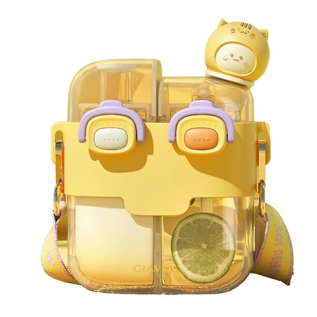 Kawaii Water Bottle Fashion Plastic Water Bottle with Straw and Adjustable Strap for Outdoor Sports Travel Vitality Yellow 530ml