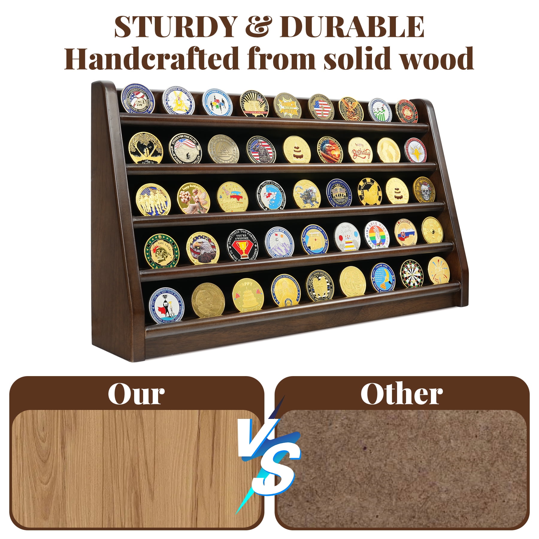 Atsknsk Challenge Coin Display Case, 5 Rows Military Wooden Holder Stand Holds 45 Coins for Wall or Desk Display, Coin Rack for Coin Collection