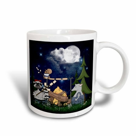 Ceramic Campfire Mug - 3dRose Raccoon, Squirrel and Opossum Camping with a Campfire and Marshmallows - Ceramic Mug, 15-ounce